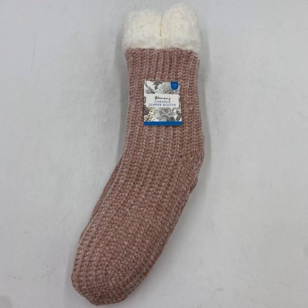 Chenille Woman's Slipper Bootie Pink Socks